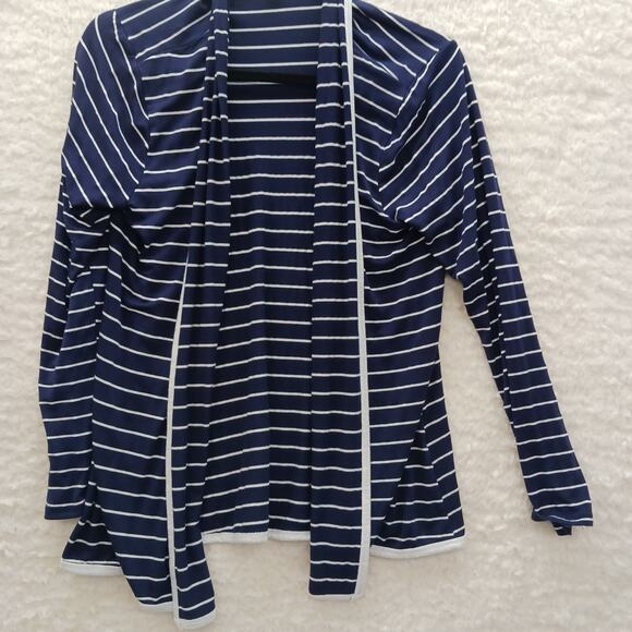 Sweater Open Cardigan Size L Navy Stripe Sailor Coastal Grandma Nautical Cruise - Picture 11 of 13